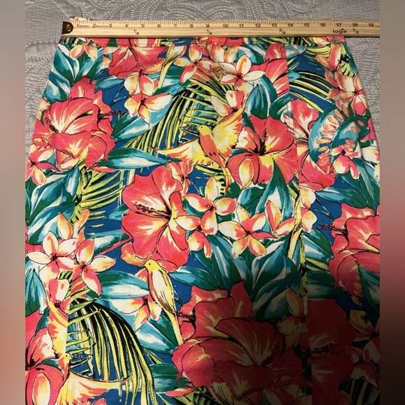 LOFT Pink and Blue Knee-Length Pencil Skirt tropical print pink birds size 12 - Picture 3 of 9